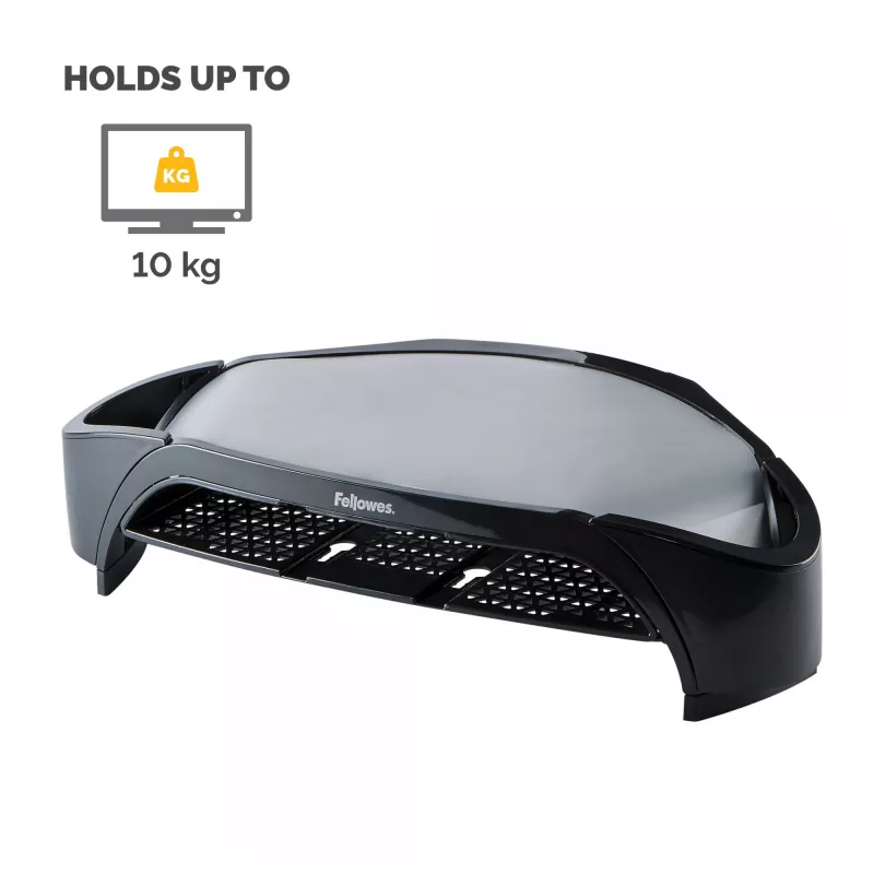 Podstawka pod monitor Fellowes z 3-stopniową regulacją wysokości - Smart Suites Monitor Riser Plus z miejscem do przechowywania - Ergonomiczna regulowana podstawka pod monitor do komputerów - Maks. waga 10 kg / Maks. rozmiar 21 cali - Czarna