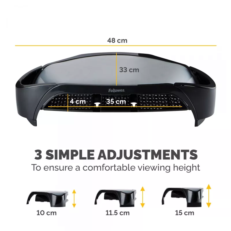 Podstawka pod monitor Fellowes z 3-stopniową regulacją wysokości - Smart Suites Monitor Riser Plus z miejscem do przechowywania - Ergonomiczna regulowana podstawka pod monitor do komputerów - Maks. waga 10 kg / Maks. rozmiar 21 cali - Czarna