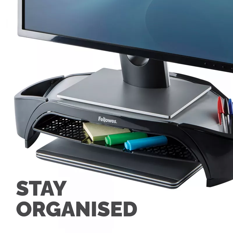 Podstawka pod monitor Fellowes z 3-stopniową regulacją wysokości - Smart Suites Monitor Riser Plus z miejscem do przechowywania - Ergonomiczna regulowana podstawka pod monitor do komputerów - Maks. waga 10 kg / Maks. rozmiar 21 cali - Czarna
