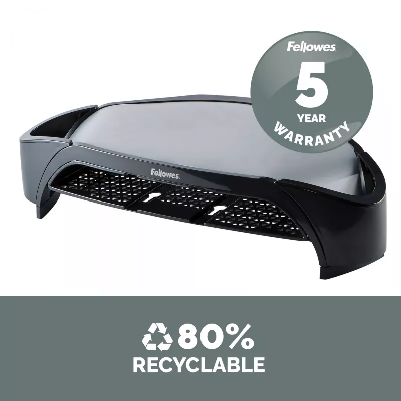 Podstawka pod monitor Fellowes z 3-stopniową regulacją wysokości - Smart Suites Monitor Riser Plus z miejscem do przechowywania - Ergonomiczna regulowana podstawka pod monitor do komputerów - Maks. waga 10 kg / Maks. rozmiar 21 cali - Czarna