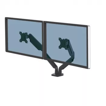 Fellowes Platinum Series Dual Monitor Arm - uchwyt monitora na dwa 40-calowe ekrany 8KG - regulowany podwójny uchwyt biurkowy - pochylenie 45°, obrót w płaszczyźnie poziomej 180°, obrót wokół osi 360°, VESA 75 x 75/100 x 100 - czarny