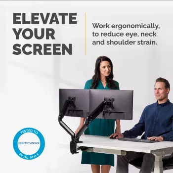 Fellowes Platinum Series Dual Monitor Arm - uchwyt monitora na dwa 40-calowe ekrany 8KG - regulowany podwójny uchwyt biurkowy - pochylenie 45°, obrót w płaszczyźnie poziomej 180°, obrót wokół osi 360°, VESA 75 x 75/100 x 100 - czarny