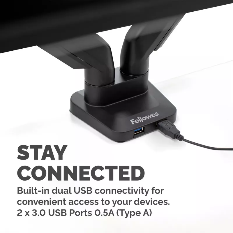 Fellowes Platinum Series Dual Monitor Arm - uchwyt monitora na dwa 40-calowe ekrany 8KG - regulowany podwójny uchwyt biurkowy - pochylenie 45°, obrót w płaszczyźnie poziomej 180°, obrót wokół osi 360°, VESA 75 x 75/100 x 100 - czarny