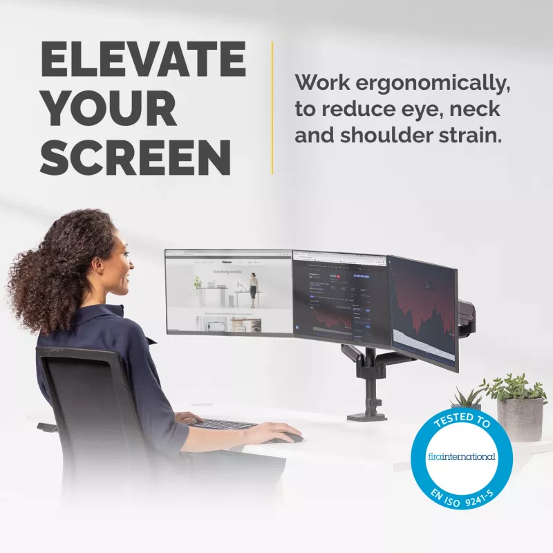 Fellowes Platinum Series Triple Monitor Arm - Monitor Mount for Three 7KG 27 inch Screens - Adjustable Triple Monitor Desk Mount - Tilt 45° Pan 180° Swivel 360° Rotation 360°, VESA 75 x 75/100 x 100 - Czarny