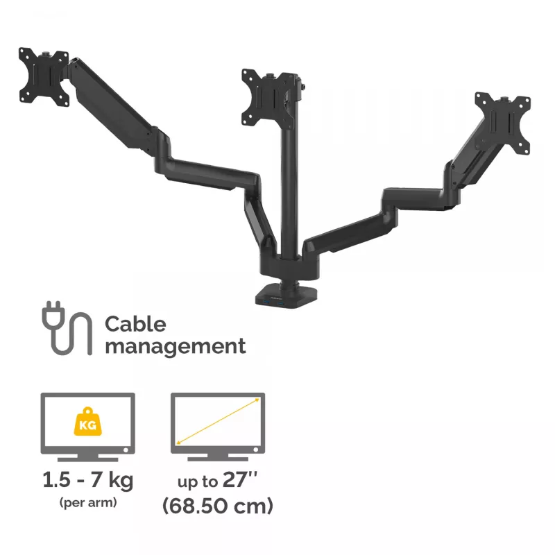 Fellowes Platinum Series Triple Monitor Arm - Monitor Mount for Three 7KG 27 inch Screens - Adjustable Triple Monitor Desk Mount - Tilt 45° Pan 180° Swivel 360° Rotation 360°, VESA 75 x 75/100 x 100 - Czarny