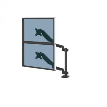 Fellowes Platinum Series podwójny, piętrowy uchwyt do monitora - Uchwyt do monitora na dwa 8KG 27-calowe ekrany - Regulowany podwójny uchwyt biurkowy - Pochylenie 45° Obrót w poziomie 180° Obrót w pionie 360° Obrot 360°, VESA 75 x 75/100 x 100 - Czarny