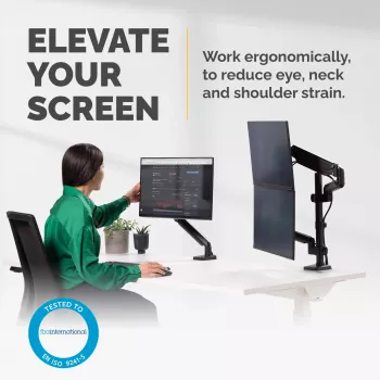 Fellowes Platinum Series podwójny, piętrowy uchwyt do monitora - Uchwyt do monitora na dwa 8KG 27-calowe ekrany - Regulowany podwójny uchwyt biurkowy - Pochylenie 45° Obrót w poziomie 180° Obrót w pionie 360° Obrot 360°, VESA 75 x 75/100 x 100 - Czarny