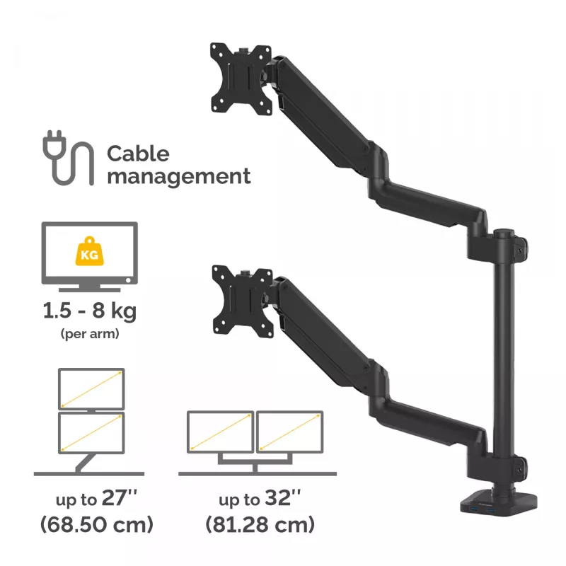 Fellowes Platinum Series podwójny, piętrowy uchwyt do monitora - Uchwyt do monitora na dwa 8KG 27-calowe ekrany - Regulowany podwójny uchwyt biurkowy - Pochylenie 45° Obrót w poziomie 180° Obrót w pionie 360° Obrot 360°, VESA 75 x 75/100 x 100 - Czarny