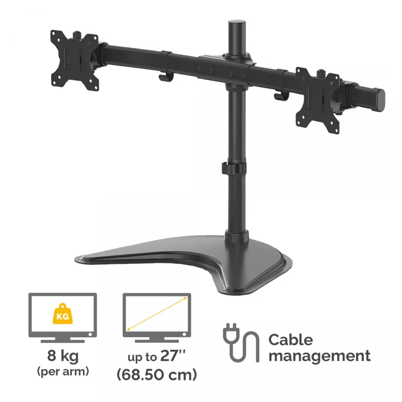 Fellowes Seasa Dual Monitor Arm - Wolnostojący uchwyt do monitorów 8 kg 27 cali - Ergonomiczny Regulowany Uchwyt Monitorowy - Pochylenie 45° Obrót 120° Obrót 360°, VESA 75 x 75/100 x 100 - Czarny