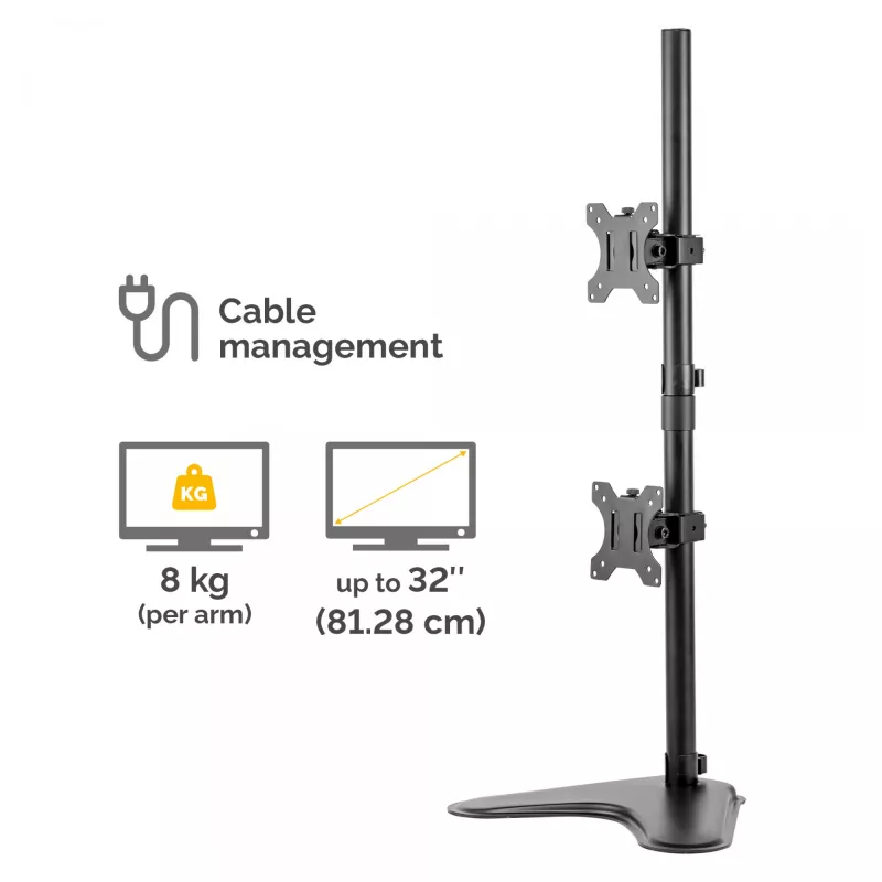Podwójne ramię do monitora Fellowes Seasa Dual Stacking – wolnostojący uchwyt do monitorów 8 kg, 32 cale – ergonomiczne, regulowane ramię – pochylenie 45°, obrót 120°, rotacja 360°, VESA 75 x 75/100 x 100 – czarny