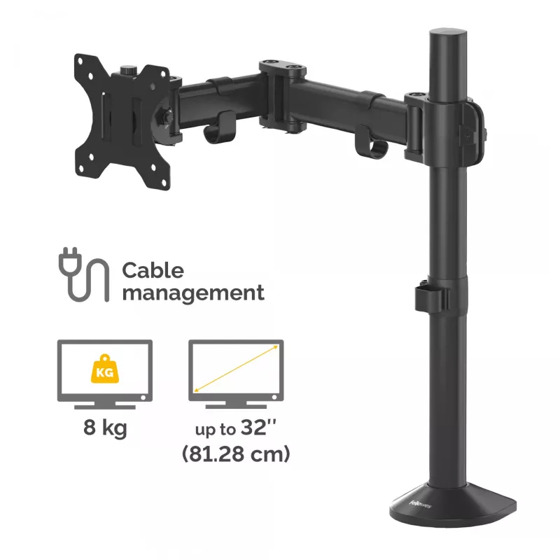 Fellowes Reflex Monitor Arm - Uchwyt monitora do ekranów 8 kg 32 cale - Regulowany uchwyt biurkowy do monitora - Pochylenie 45° Obrót 180° Rotacja 360°, VESA 75 x 75/100 x 100 - Czarny
