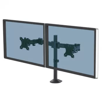 Fellowes Reflex Podwójne Ramię do Monitora – Uchwyt na Dwa Monitory do 8 kg i 27 cali – Regulowany Uchwyt Biurkowy – Pochylenie 45°, Obrót 180°, Rotacja 360°, VESA 75 x 75/100 x 100 – Czarny