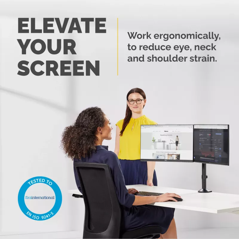 Fellowes Reflex Podwójne Ramię do Monitora – Uchwyt na Dwa Monitory do 8 kg i 27 cali – Regulowany Uchwyt Biurkowy – Pochylenie 45°, Obrót 180°, Rotacja 360°, VESA 75 x 75/100 x 100 – Czarny