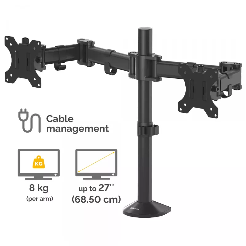 Fellowes Reflex Podwójne Ramię do Monitora – Uchwyt na Dwa Monitory do 8 kg i 27 cali – Regulowany Uchwyt Biurkowy – Pochylenie 45°, Obrót 180°, Rotacja 360°, VESA 75 x 75/100 x 100 – Czarny