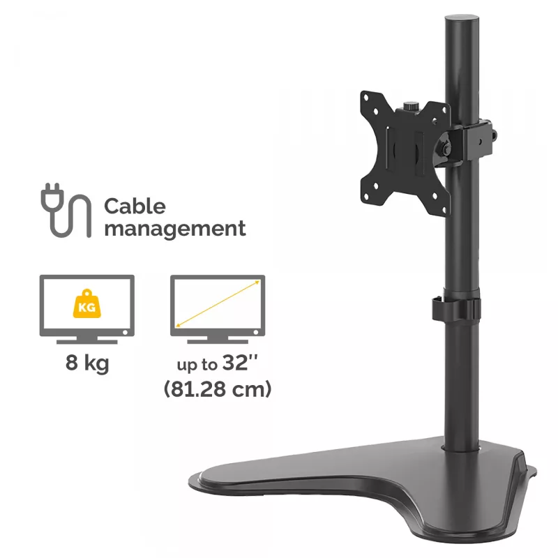 Fellowes Seasa Single Monitor Arm – Wolnostojący uchwyt do monitora dla ekranów 32 cale 8KG – Ergonomiczne regulowane ramię do monitora – Pochylenie 45° Obrót 120° Rotacja 360°, VESA 75 x 75/100 x 100 – Czarny