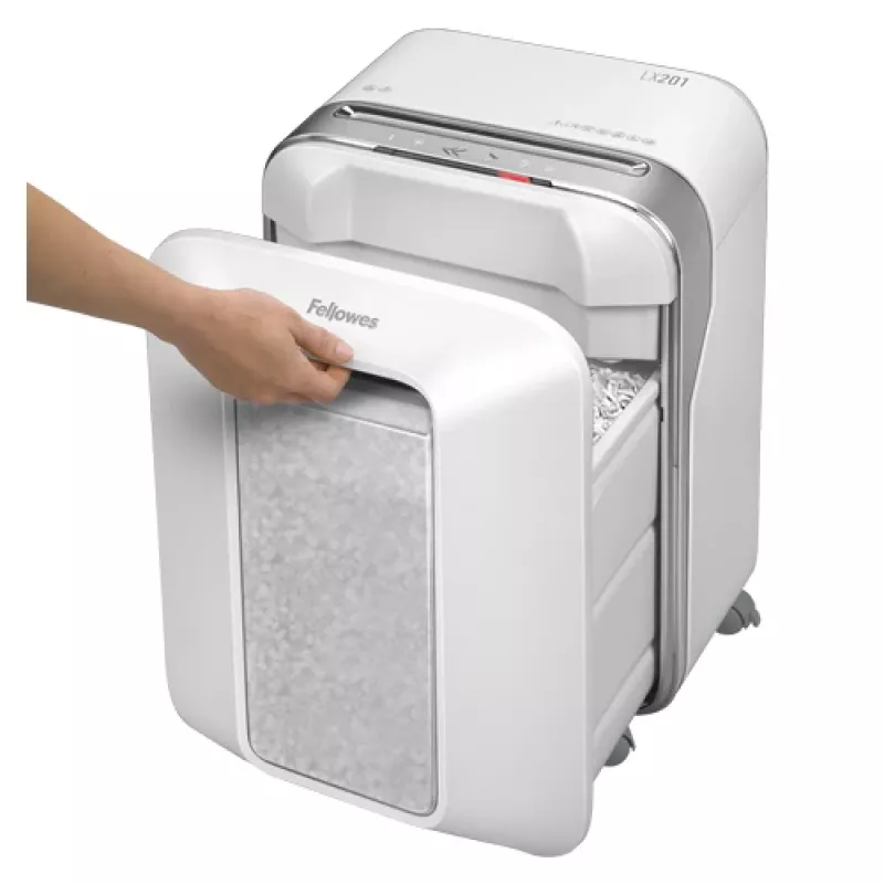 Fellowes Powershred LX201 niszczarka mikrocięta biała, cięcie mikro, 23 cm, 2 x 12 mm, 22 L, dotyk, 4 kółka