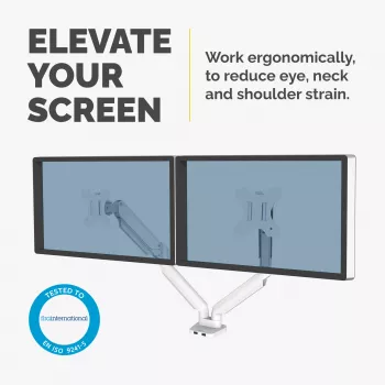 Fellowes Platinum Series Dual Monitor Arm - Uchwyt do monitora na dwa 8KG 40-calowe ekrany - Regulowany uchwyt biurkowy na dwa monitory - Pochylenie 45° Obrót 180° Obrotnica 360° Obrót 360°, VESA 75 x 75/100 x 100 - Biały