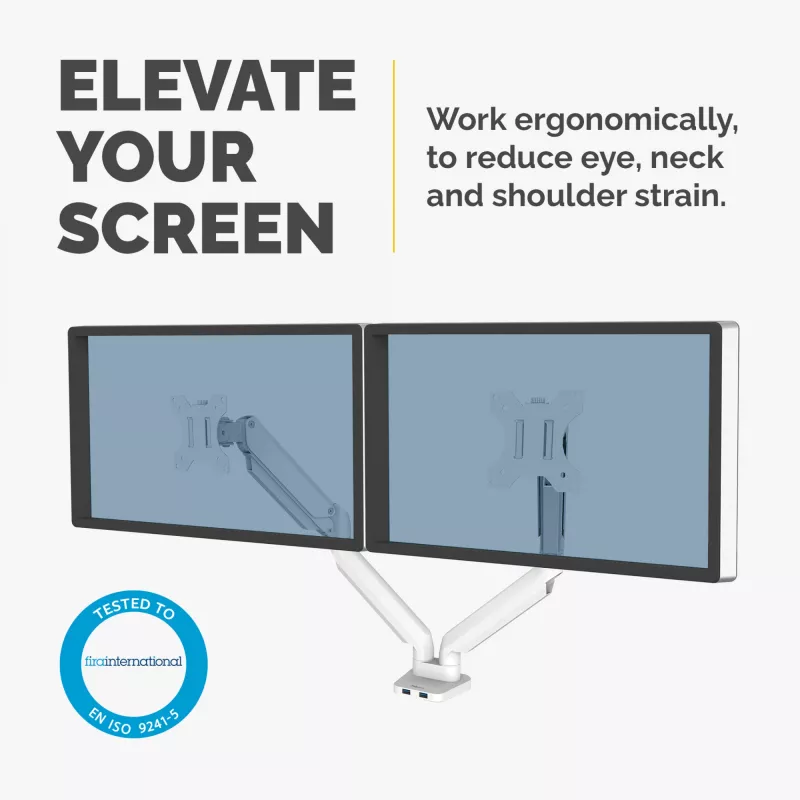 Fellowes Platinum Series Dual Monitor Arm - Uchwyt do monitora na dwa 8KG 40-calowe ekrany - Regulowany uchwyt biurkowy na dwa monitory - Pochylenie 45° Obrót 180° Obrotnica 360° Obrót 360°, VESA 75 x 75/100 x 100 - Biały
