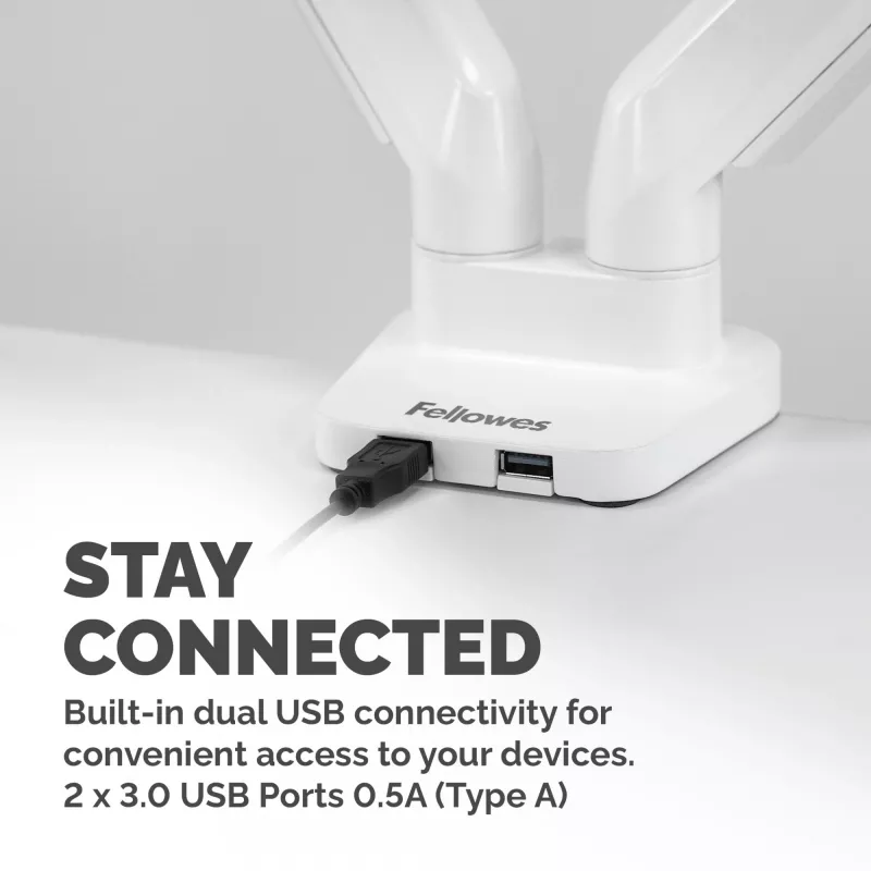 Fellowes Platinum Series Dual Monitor Arm - Uchwyt do monitora na dwa 8KG 40-calowe ekrany - Regulowany uchwyt biurkowy na dwa monitory - Pochylenie 45° Obrót 180° Obrotnica 360° Obrót 360°, VESA 75 x 75/100 x 100 - Biały