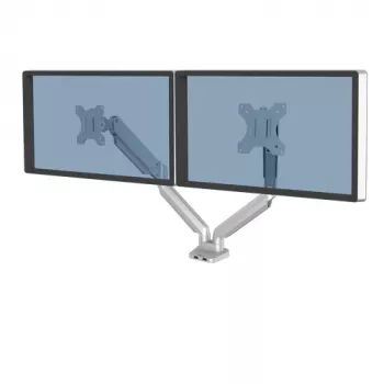 Fellowes Platinum Series Dual Monitor Arm - Monitor Mount for Two 8KG 40 inch Screens - Adjustable Dual Monitor Desk Mount - Tilt 45° Pan 180ᵒ Swivel 360ᵒ Rotation 360ᵒ, VESA 75 x 75/100 x 100 - srebrny