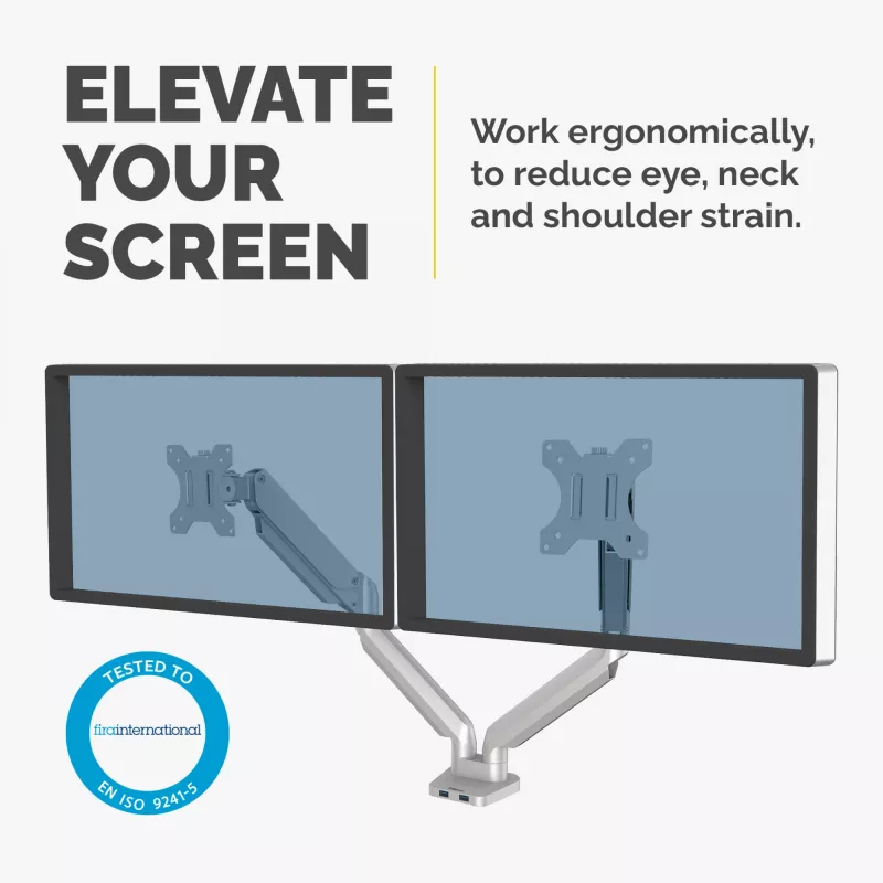 Fellowes Platinum Series Dual Monitor Arm - Monitor Mount for Two 8KG 40 inch Screens - Adjustable Dual Monitor Desk Mount - Tilt 45° Pan 180ᵒ Swivel 360ᵒ Rotation 360ᵒ, VESA 75 x 75/100 x 100 - srebrny