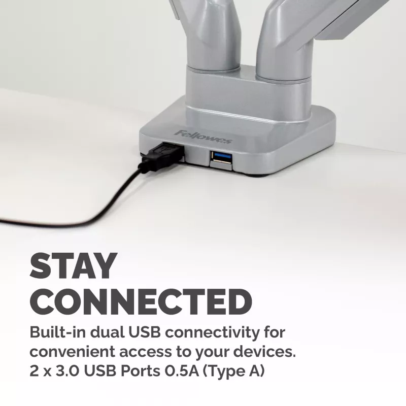 Fellowes Platinum Series Dual Monitor Arm - Monitor Mount for Two 8KG 40 inch Screens - Adjustable Dual Monitor Desk Mount - Tilt 45° Pan 180ᵒ Swivel 360ᵒ Rotation 360ᵒ, VESA 75 x 75/100 x 100 - srebrny