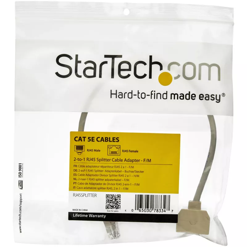 StarTech.com 2-to-1 RJ45 Splitter adapter kablowy - F/M, 10/100Base-T(X), Cat5e, szary, polichlorek winylu (PVC), 0,33 m, Męski/Żeński