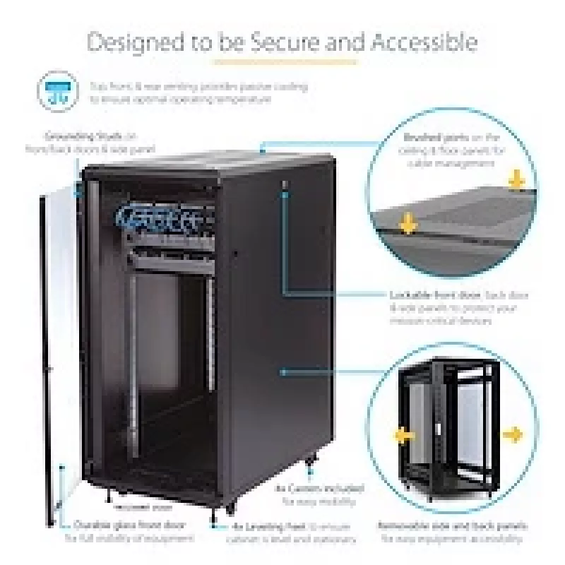 StarTech.com 4-Post 25U Server Rack Cabinet, Lockable 19 inch Data Rack Cabinet for Computer / AV / IT Equipment, Office / Home sieciowy Rack z Casters & Adjustable Mounting Rails