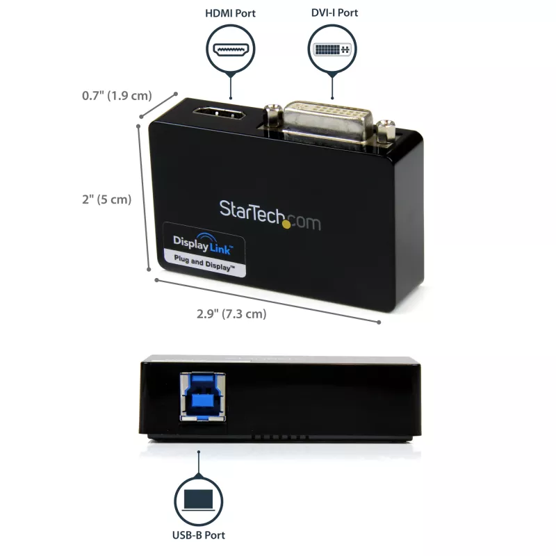 StarTech.com Adapter USB 3.0 na HDMI / DVI - 2048x1152, 3.2 Gen 1 (3.1 Gen 1), USB typu B, wyjście DVI, wyjście HDMI, 2048 x 1152 pikseli