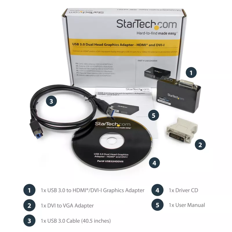 StarTech.com Adapter USB 3.0 na HDMI / DVI - 2048x1152, 3.2 Gen 1 (3.1 Gen 1), USB typu B, wyjście DVI, wyjście HDMI, 2048 x 1152 pikseli