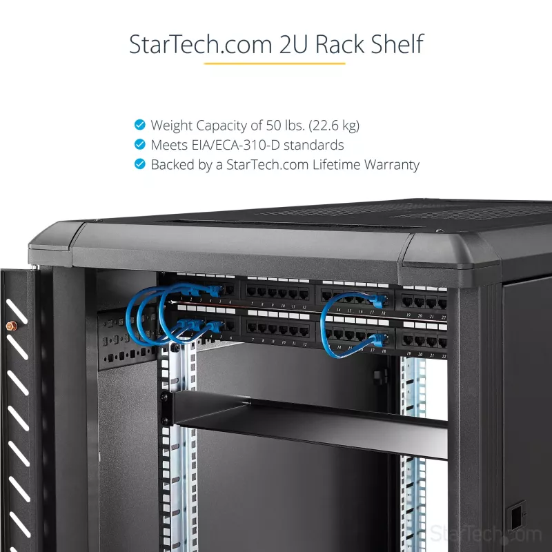 StarTech.com Półka serwerowa 2U do szafy rack – Uniwersalna półka wspornikowa do montażu w szafie 19-calowej na sprzęt sieciowy i szafę rack – Wytrzymała stal – Udźwig 50 funtów/23 kg – Głębokość tacki 22 cale, czarna