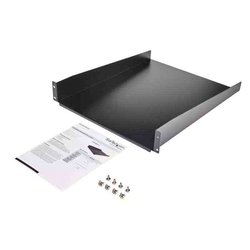 StarTech.com Półka serwerowa 2U do szafy rack – Uniwersalna półka wspornikowa do montażu w szafie 19-calowej na sprzęt sieciowy i szafę rack – Wytrzymała stal – Udźwig 50 funtów/23 kg – Głębokość tacki 22 cale, czarna