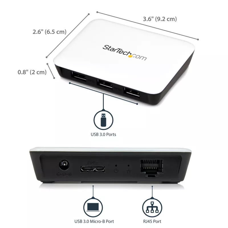 StarTech.com USB 3.0 do Gigabit Ethernet NIC Adapter sieciowy z 3-portowym hubem - biały