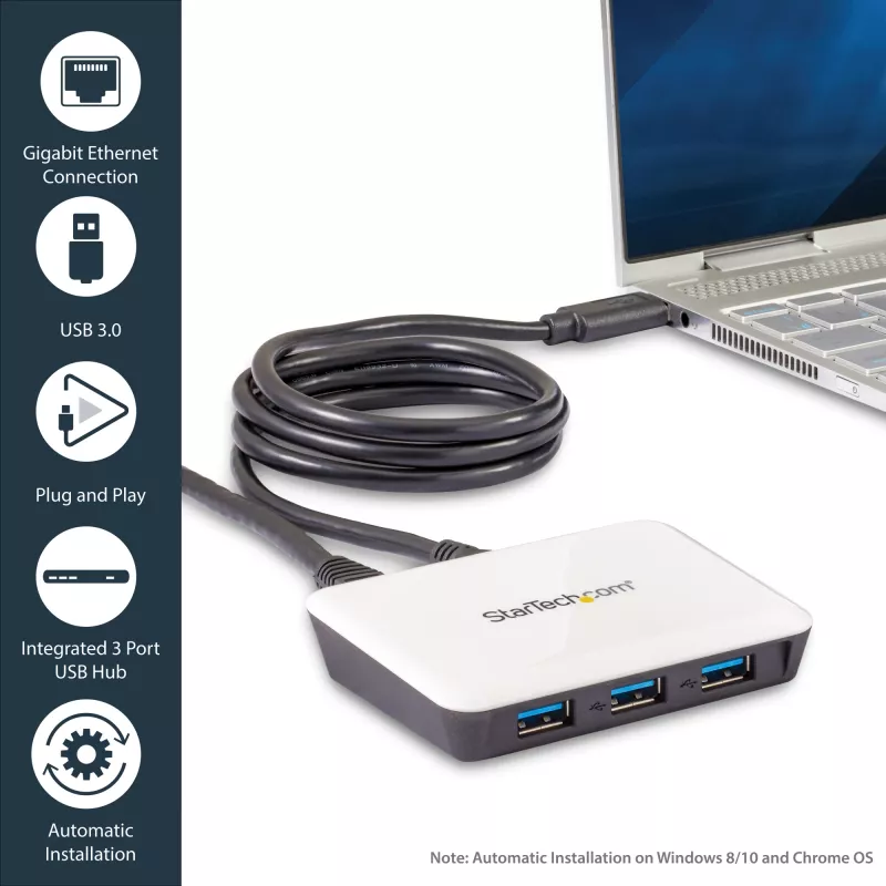 StarTech.com USB 3.0 do Gigabit Ethernet NIC Adapter sieciowy z 3-portowym hubem - biały