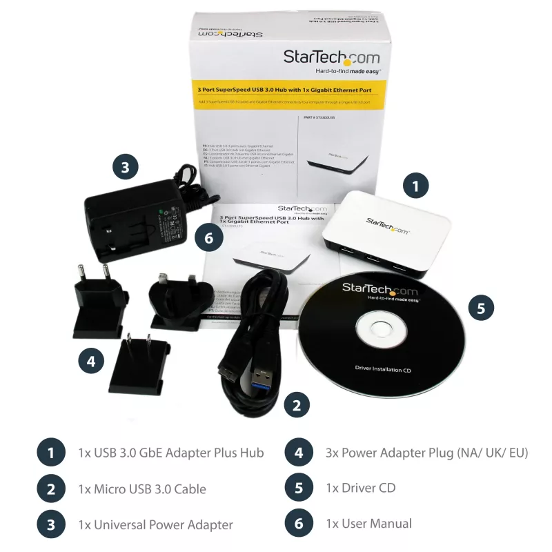 StarTech.com USB 3.0 do Gigabit Ethernet NIC Adapter sieciowy z 3-portowym hubem - biały