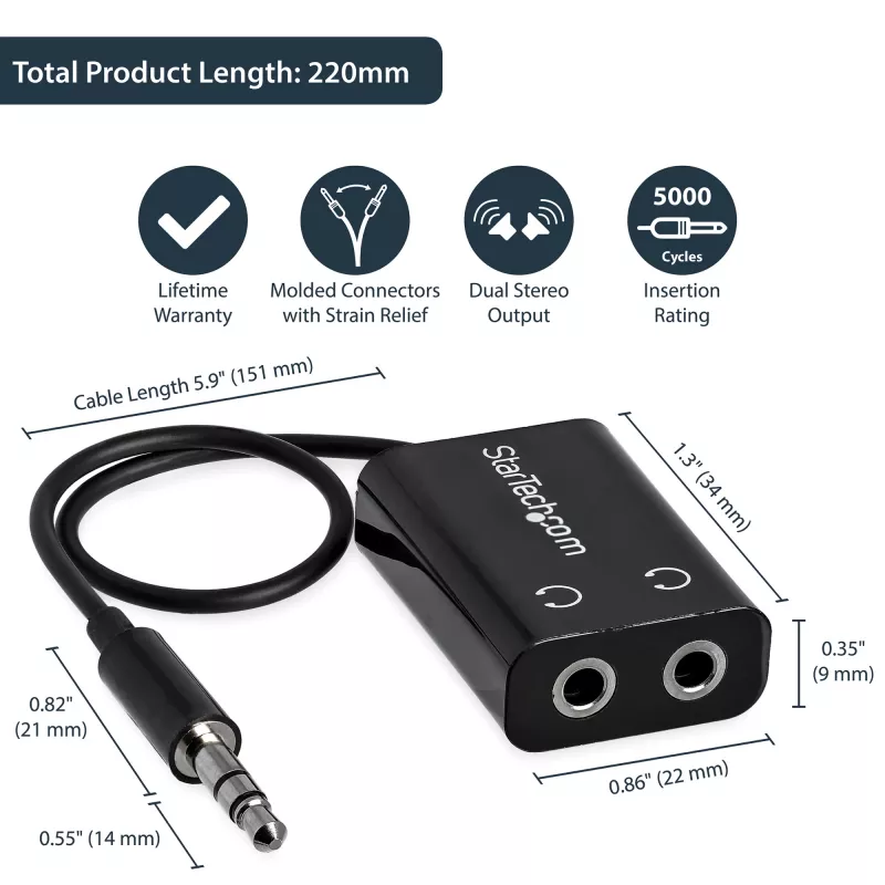 StarTech.com Czarny wąski rozgałęziacz słuchawkowy z wtykiem mini jack - 3,5 mm wtyk męski na 2x 3,5 mm gniazdo żeńskie