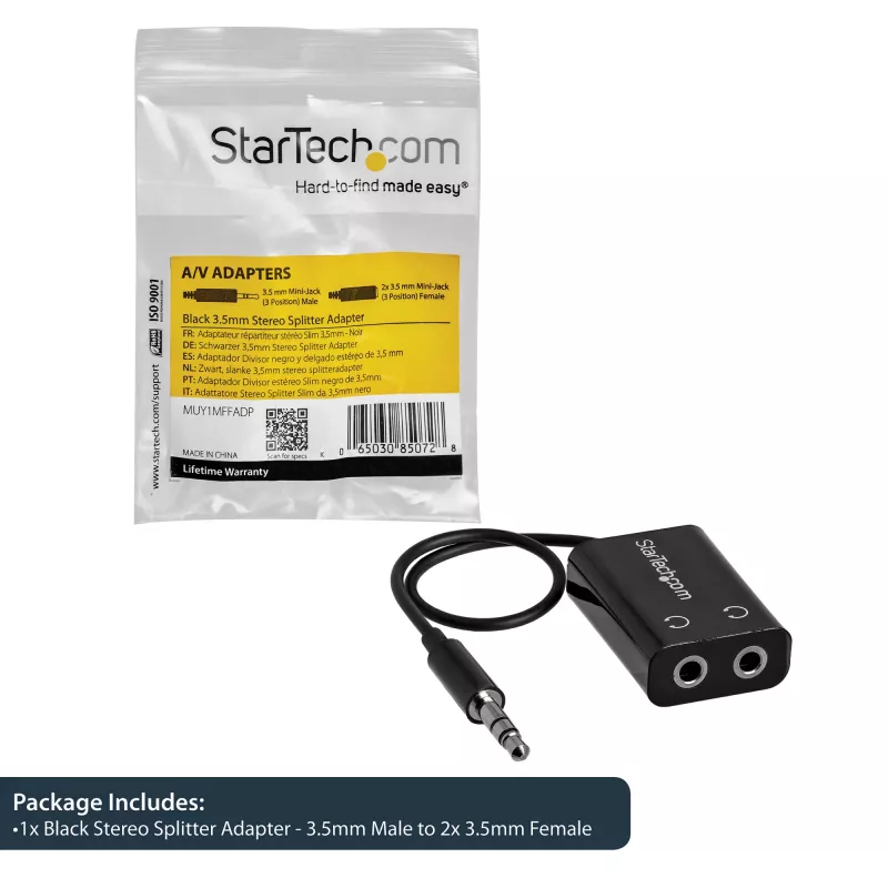 StarTech.com Czarny wąski rozgałęziacz słuchawkowy z wtykiem mini jack - 3,5 mm wtyk męski na 2x 3,5 mm gniazdo żeńskie
