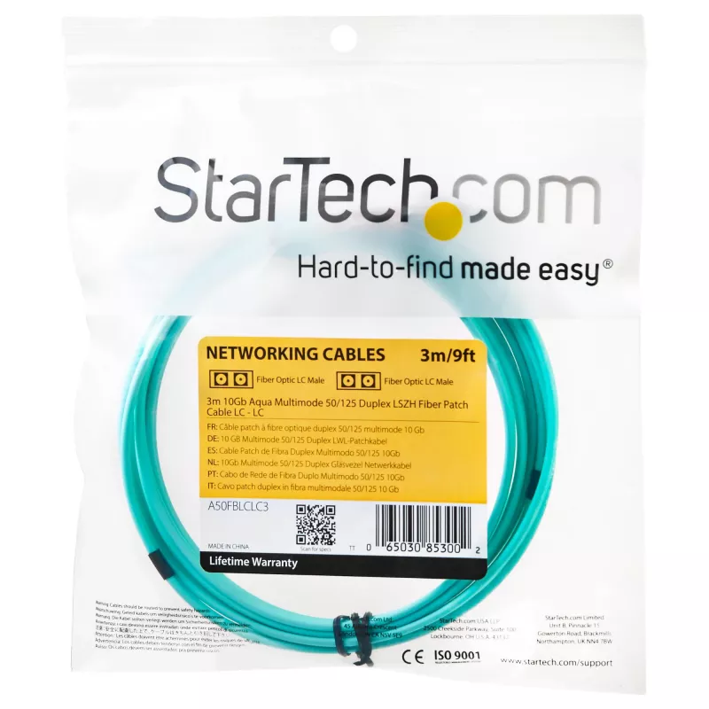 StarTech.com 3m (10ft) LC/UPC do LC/UPC OM3 wielomodowy kabel światłowodowy, pełny dupleks 50/125µm kabel zipcord, 100G, niskie straty wtrąceniowe, zworka światłowodowa LSZH