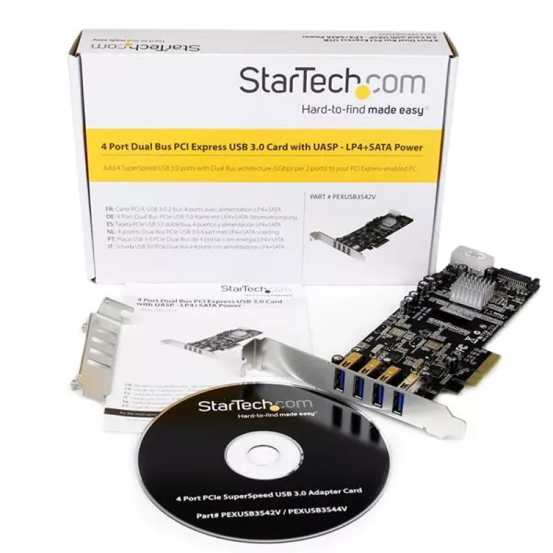StarTech.com 4-portowa karta adaptera PCI Express (PCIe) SuperSpeed USB 3.0 z 2 dedykowanymi kanałami 5 Gb/s - UASP - zasilanie SATA / LP4