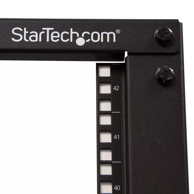 StarTech.com 4-Post 42U Mobilna otwarta rama serwerowa, czterosłupkowa 19-calowa szafa sieciowa na kółkach, szafa jezdna z regulowaną głębokością dla sprzętu komputerowego/AV/Data/IT – koła jezdne, nóżki poziomujące lub montaż do podłogi