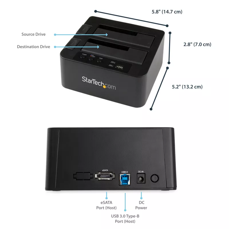 StarTech.com Dwukieszeniowy duplikator dysków twardych, samodzielny klon/kopiarka HDD/SSD SATA III 2.5/3.5 inch, stacja dokująca z USB 3.0 (5 Gb/s) / eSATA