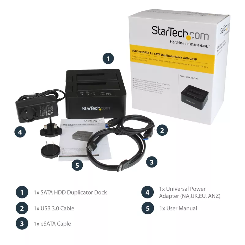 StarTech.com Dwukieszeniowy duplikator dysków twardych, samodzielny klon/kopiarka HDD/SSD SATA III 2.5/3.5 inch, stacja dokująca z USB 3.0 (5 Gb/s) / eSATA