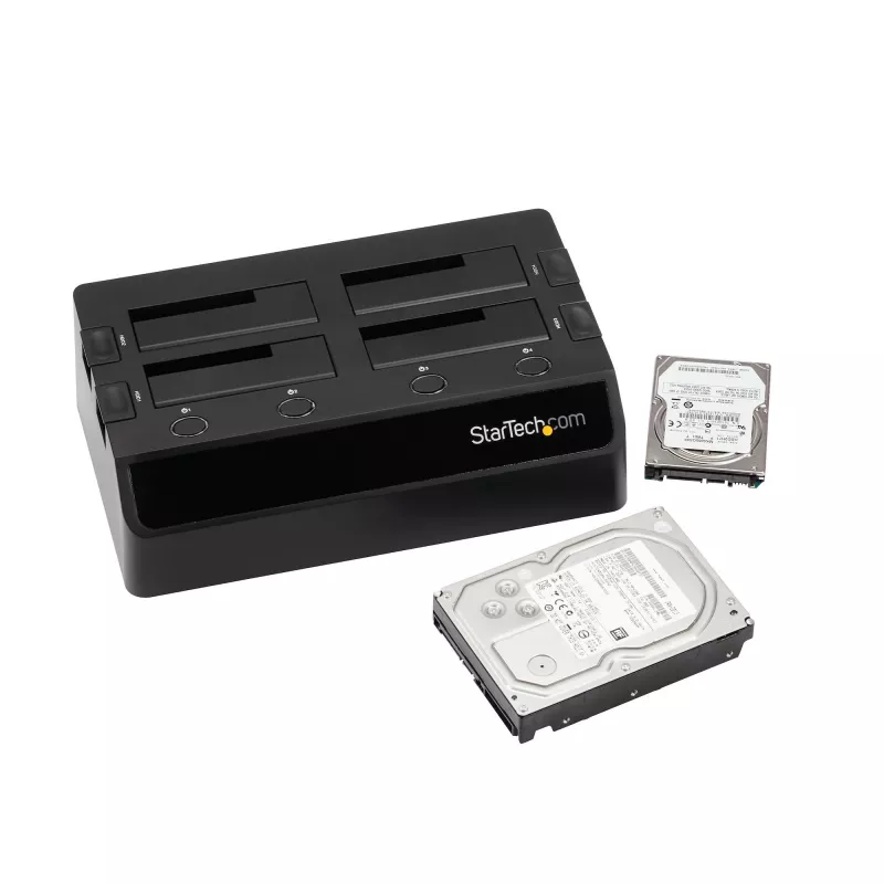 Stacja dokująca dla dysków twardych StarTech.com 4-kieszeniowa USB 3.0 do SATA, dok do dysków twardych USB, zewnętrzna stacja dokująca dla dysków SSD/HDD 2,5/3,5 cala SATA III, kieszeń na dyski twarde z możliwością wymiany podczas pracy, ładowanie od góry