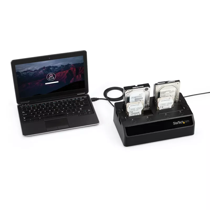 Stacja dokująca dla dysków twardych StarTech.com 4-kieszeniowa USB 3.0 do SATA, dok do dysków twardych USB, zewnętrzna stacja dokująca dla dysków SSD/HDD 2,5/3,5 cala SATA III, kieszeń na dyski twarde z możliwością wymiany podczas pracy, ładowanie od góry