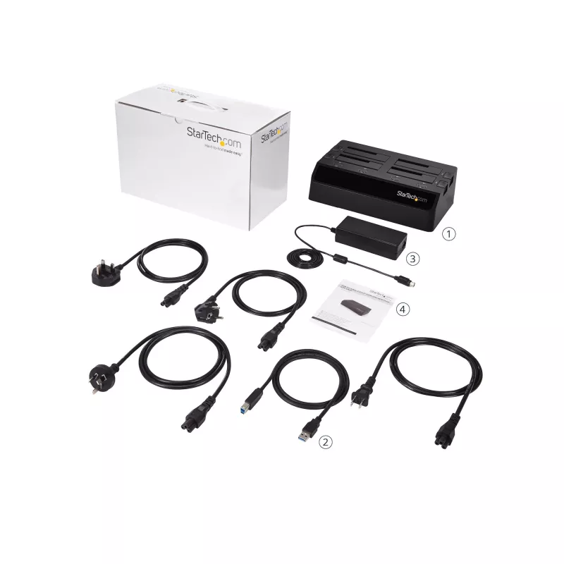 Stacja dokująca dla dysków twardych StarTech.com 4-kieszeniowa USB 3.0 do SATA, dok do dysków twardych USB, zewnętrzna stacja dokująca dla dysków SSD/HDD 2,5/3,5 cala SATA III, kieszeń na dyski twarde z możliwością wymiany podczas pracy, ładowanie od góry