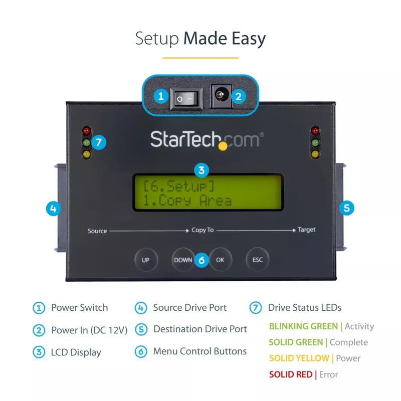 StarTech.com Samodzielny duplikator dysków twardych 1:1 z menedżerem obrazów dysków do tworzenia kopii zapasowych i przywracania, przechowuje kilka obrazów dysków na jednym dysku SATA 2,5/3,5 cala, klonowanie HDD/SSD, nie wymaga komputera