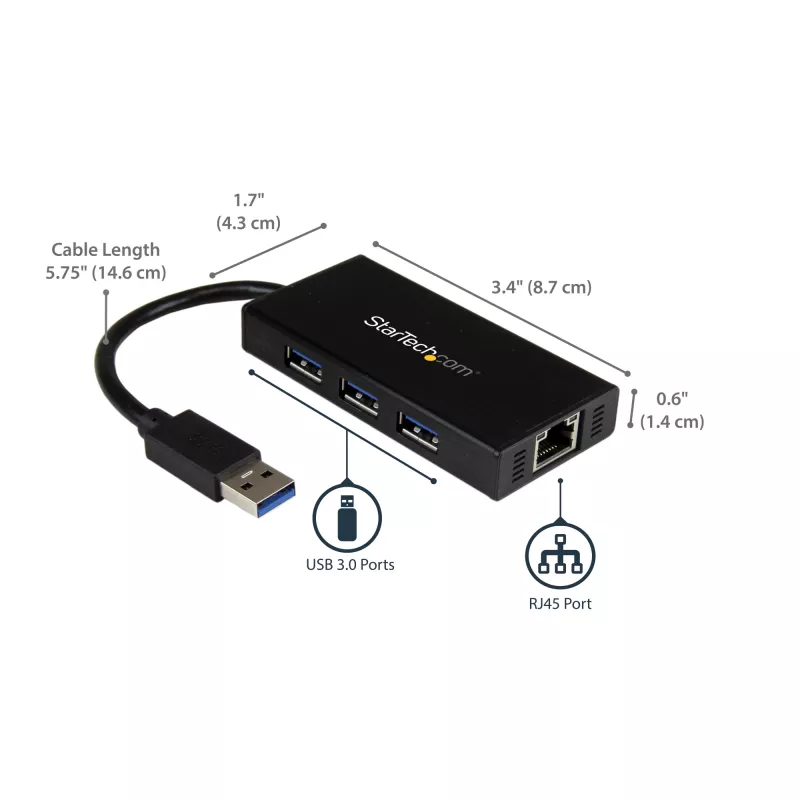 StarTech.com 3-Port Portable USB 3.0 Hub plus Gigabit Ethernet - ST3300GU3B
