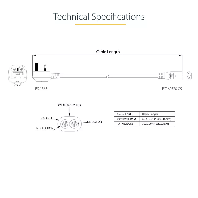 StarTech.com 3ft (1m) kabel zasilający do laptopa UK, BS 1363 na C7, 2,5 A 250 V, 18AWG, czarny, kabel zapasowy do laptopa UK, kabel zasilający do drukarki, kabel do ładowarki laptopa, kabel do zasilacza laptopa