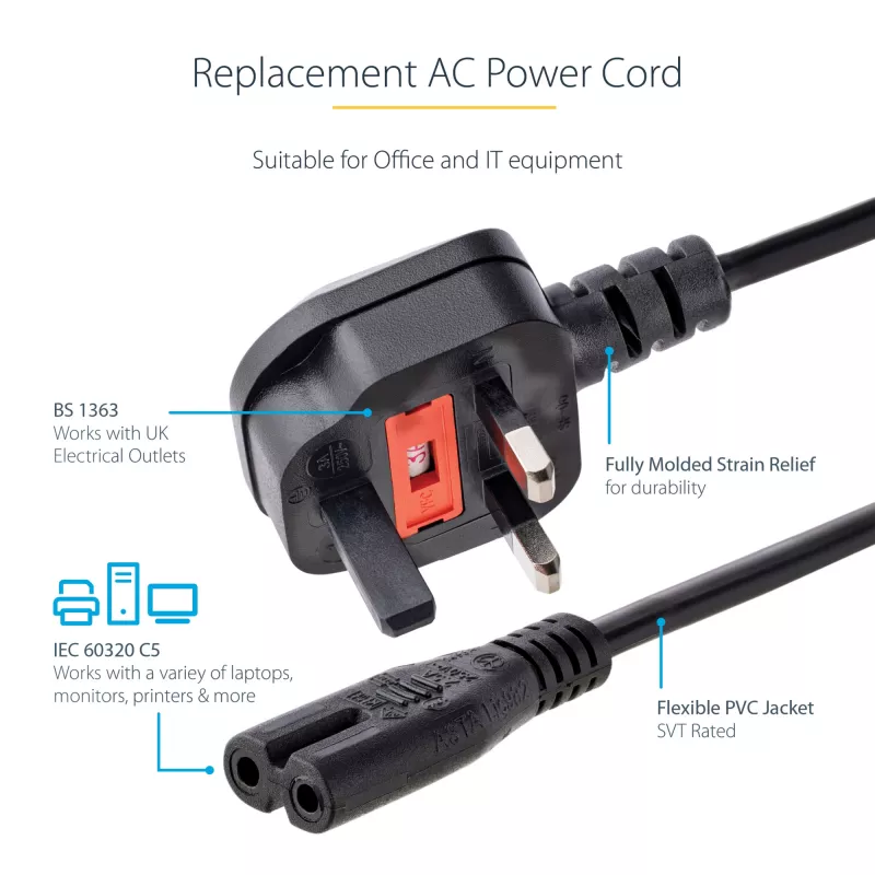 StarTech.com 3ft (1m) kabel zasilający do laptopa UK, BS 1363 na C7, 2,5 A 250 V, 18AWG, czarny, kabel zapasowy do laptopa UK, kabel zasilający do drukarki, kabel do ładowarki laptopa, kabel do zasilacza laptopa