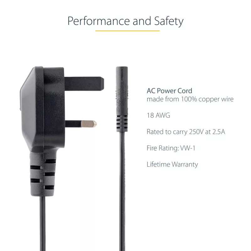 StarTech.com 3ft (1m) kabel zasilający do laptopa UK, BS 1363 na C7, 2,5 A 250 V, 18AWG, czarny, kabel zapasowy do laptopa UK, kabel zasilający do drukarki, kabel do ładowarki laptopa, kabel do zasilacza laptopa